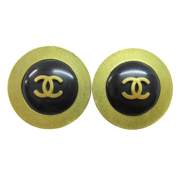 Chanel Button Earrings Gold Black Clip-On 94P - Picture 1 of 5